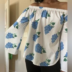 Off the shoulder, white floral shirt
